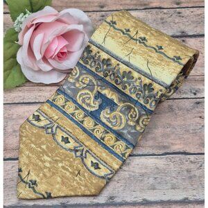 Cambridge Classics 100% Silk Art Deco Tan Blue Tie Necktie 57" X 4"